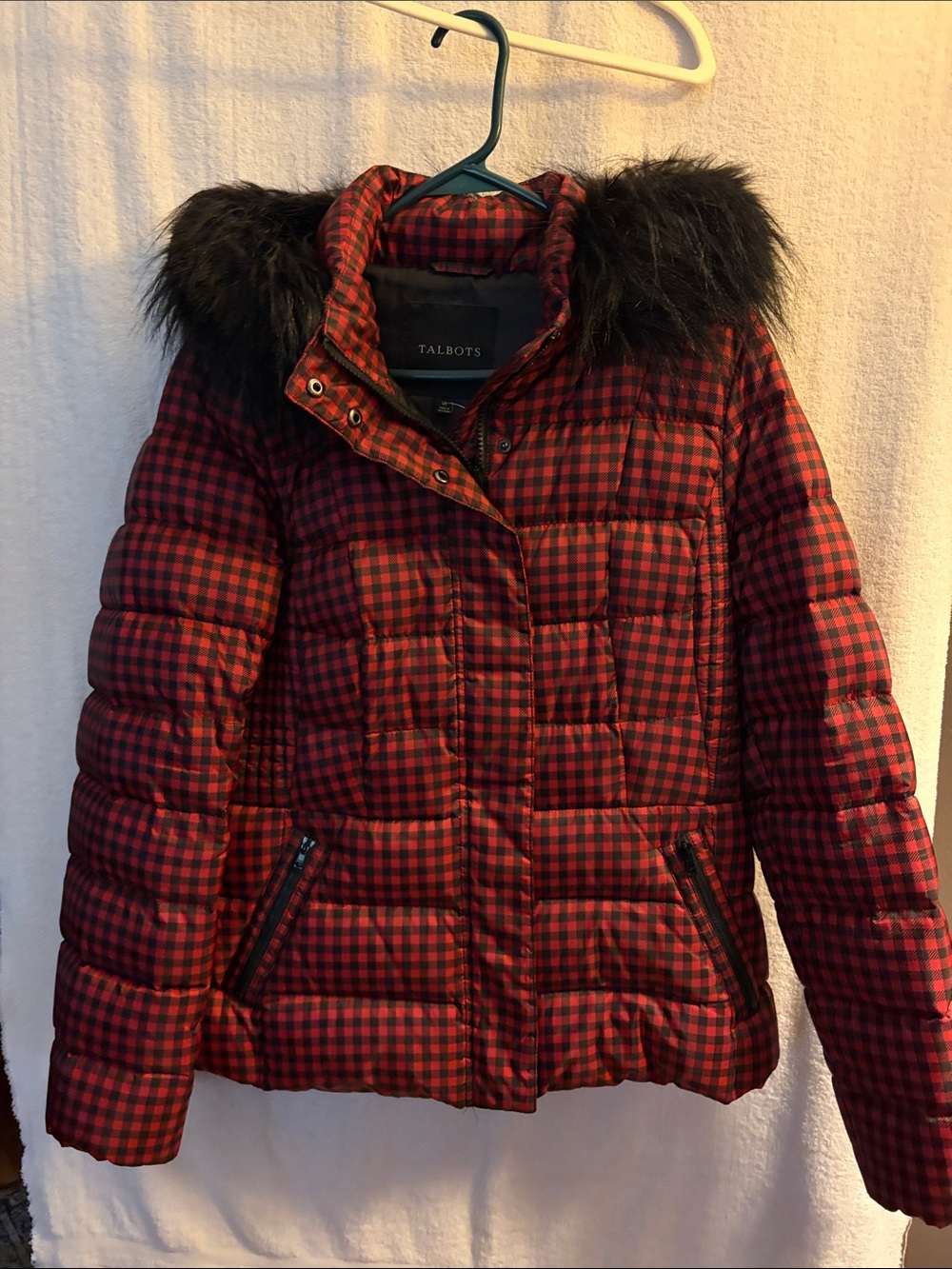 Talbots Red and Black Plaid Puffer Jacket with Faux Fur removable Hood